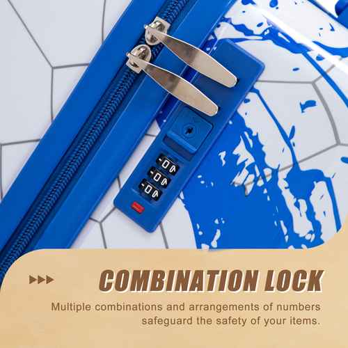 Close-up of a blue zipper suitcase or bag with a combination lock padlock attached, over a blue-and-white patterned surface. Text at the bottom reads &