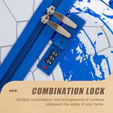 Close-up of a blue zipper suitcase or bag with a combination lock padlock attached, over a blue-and-white patterned surface. Text at the bottom reads &