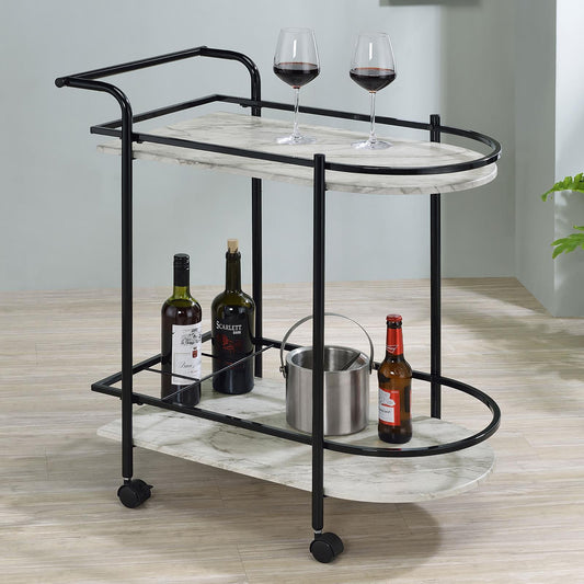 Faux marble serving cart with wine rack featuring two-tier shelves, wine bottles, glasses, and ice bucket on lockable caster wheels.