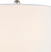Close-up of a large off-white fabric lampshade with a small metallic silver finial visible at the top edge against a white background.