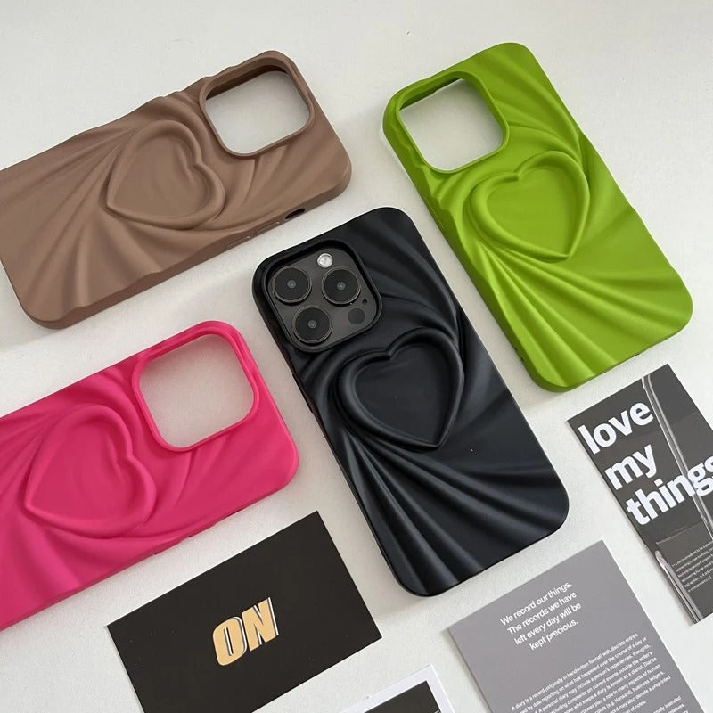 Luxury Candy Color 3D Pleated Love Heart Phone Case For iPhone 11 12 13 14 15 Pro Max