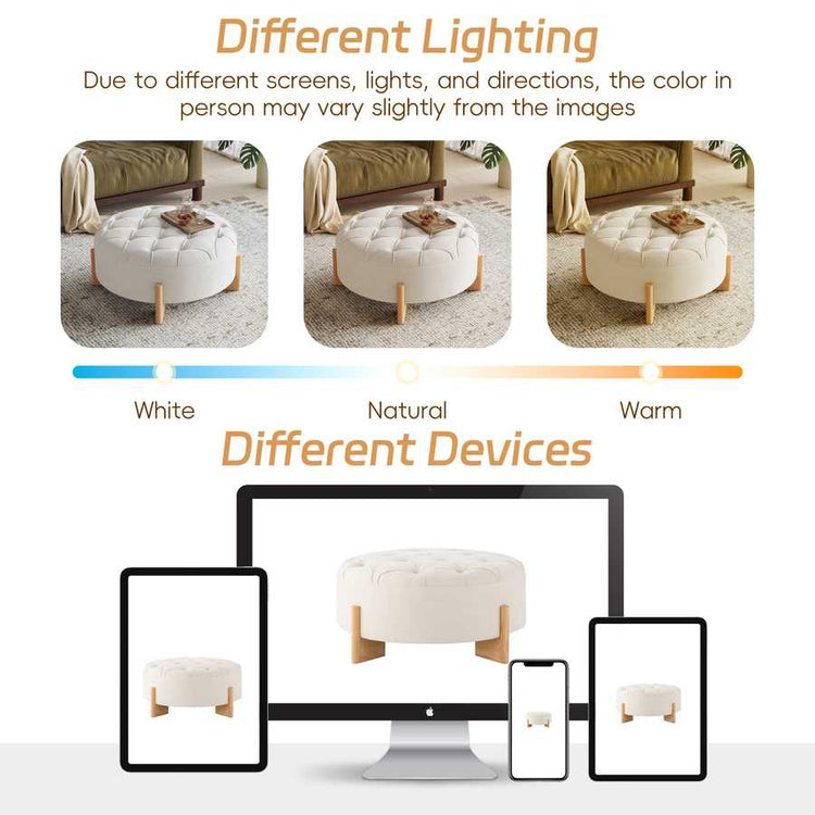 White ottoman with wooden legs on a gray rug, shown with different lighting conditions and devices.