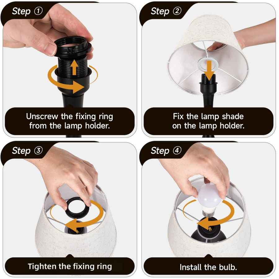 Step-by-step guide on how to install a light bulb with labeled steps and actions.
