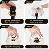 Step-by-step guide on how to install a light bulb with labeled steps and actions.