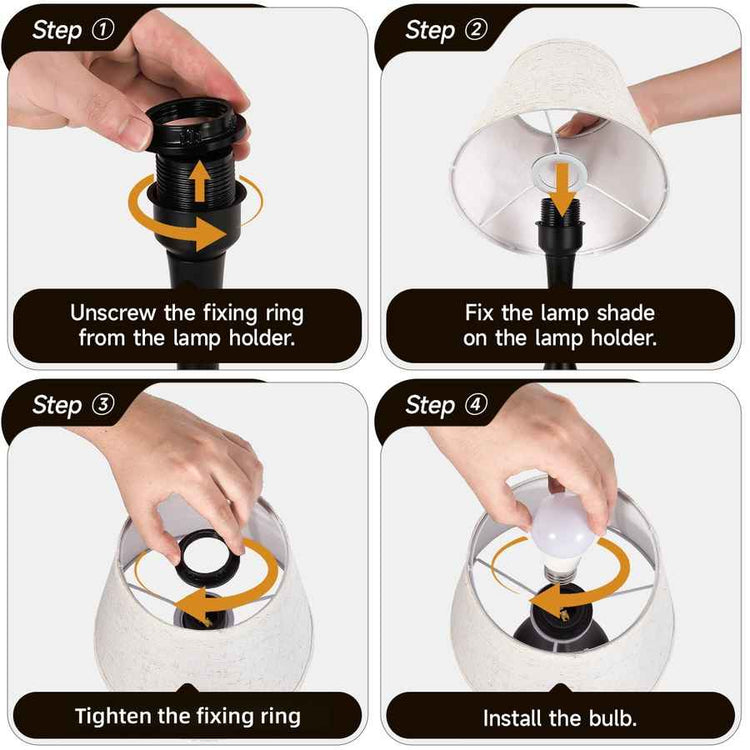 Step-by-step guide on how to install a light bulb with labeled steps and actions.