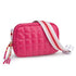 Pink quilted crossbody bag with a striped strap on a white background
