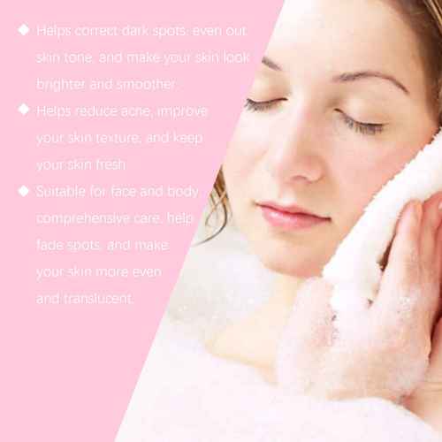 A close-up of a woman with closed eyes holding a white towel to her face, with pink text overlays on the left describing skincare benefits such as correcting dark spots, reducing acne, and improving skin texture.