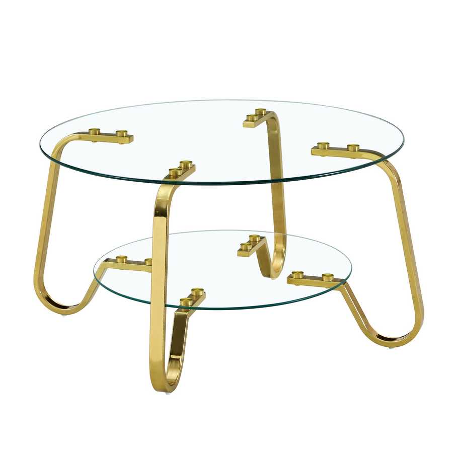 Freestanding vintage metal coffee table with round glass top and bottom shelf, gold curved legs for modern appeal.