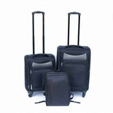 Three-piece black softside luggage set including two rolling suitcases and one backpack, all with telescoping handles extended, on a white background.