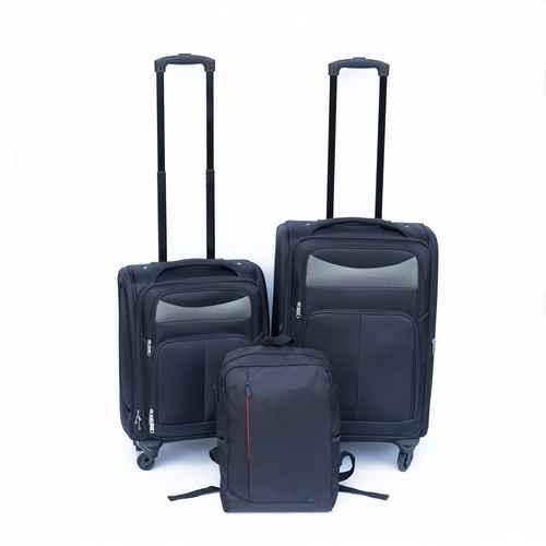 Three-piece black softside luggage set including two rolling suitcases and one backpack, all with telescoping handles extended, on a white background.