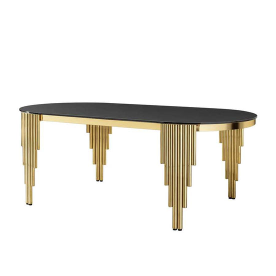 79.53 in. oval dining table with black glass top and gold stainless steel legs, modern luxury design for dining rooms.