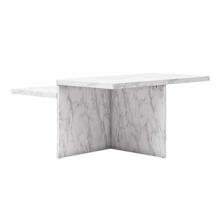 Angled view of Brielle Faux Marble Coffee Table showing its sturdy construction and layered tabletop design for added functionality.