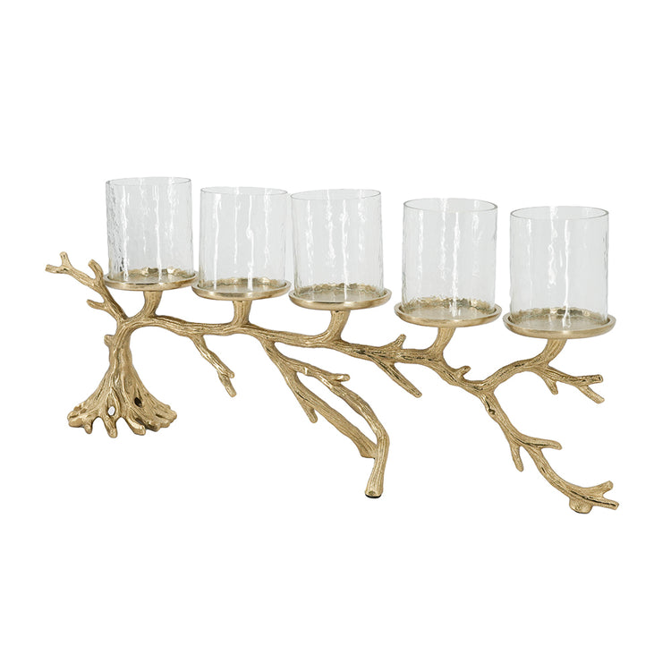 A five-light candle holder with a branch-like gold metal base and five clear glass candle cups, shown on a plain white background.