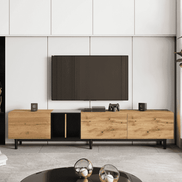 Contemporary TV stand for 80 inch TV with ample storage and sleek design, complementing a modern entertainment area.