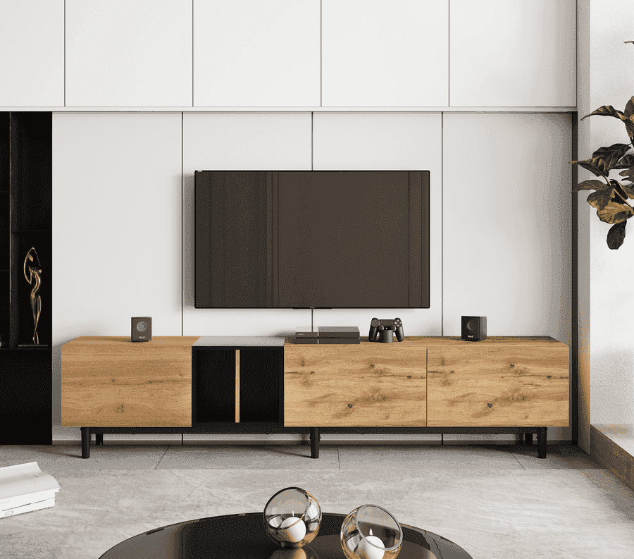 Contemporary TV stand for 80 inch TV with ample storage and sleek design, complementing a modern entertainment area.
