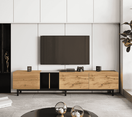 Contemporary TV stand for 80 inch TV with ample storage and sleek design, complementing a modern entertainment area.