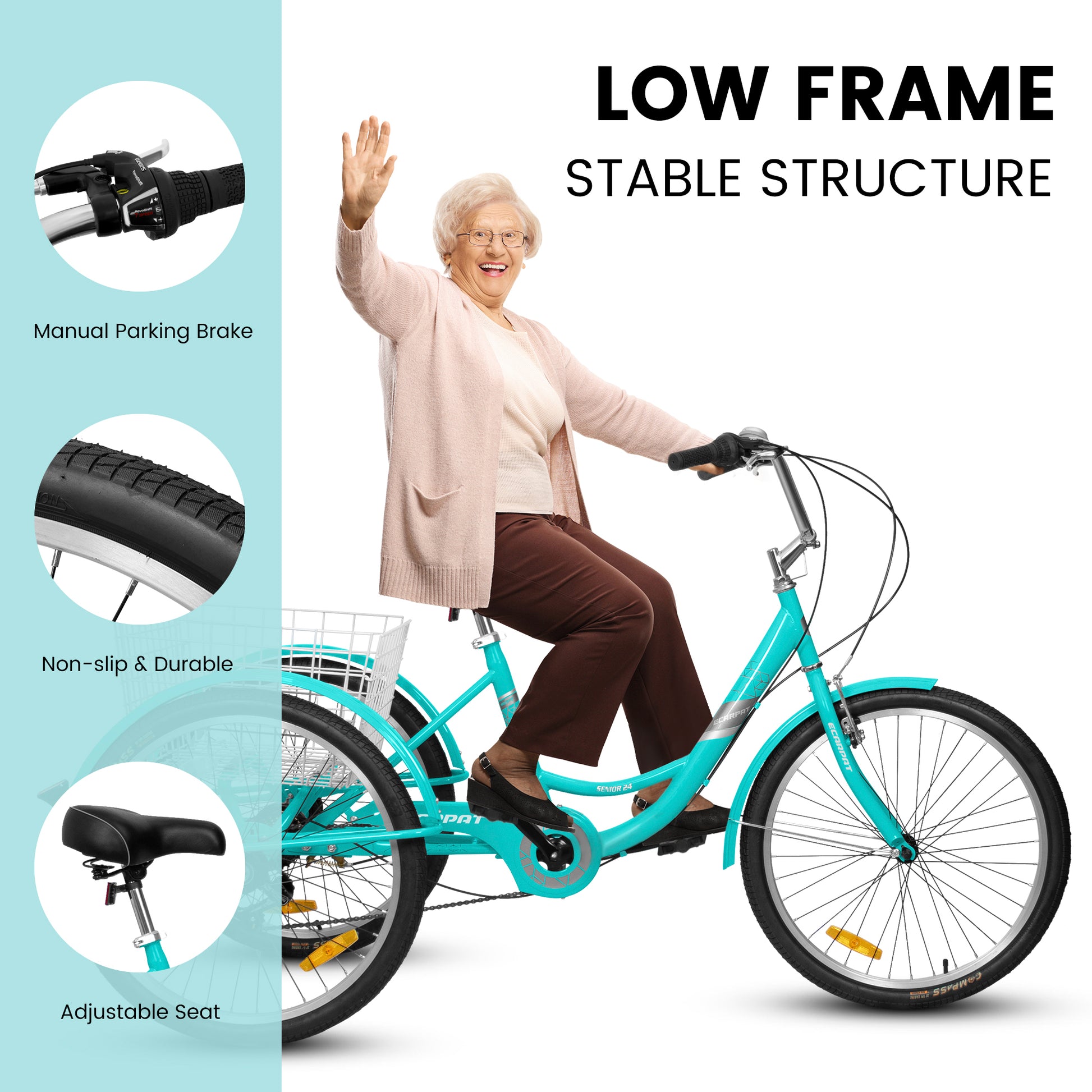 A24632 Adult Tricycles 7 Speed with a low frame and stable structure, featuring a turquoise 24-inch three-wheeled design with a shopping basket, adjustable seat, and non-slip tires. Ideal for seniors, women, and men seeking comfort and stability.