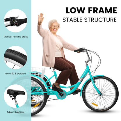 A24632 Adult Tricycles 7 Speed with a low frame and stable structure, featuring a turquoise 24-inch three-wheeled design with a shopping basket, adjustable seat, and non-slip tires. Ideal for seniors, women, and men seeking comfort and stability.