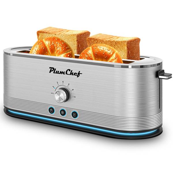 4-Slice Stainless Steel Toaster with 7 Browning Settings toasting bread and bagels, sleek brushed finish ideal for modern kitchens.
