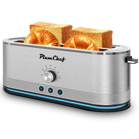 4-Slice Stainless Steel Toaster with 7 Browning Settings toasting bread and bagels, sleek brushed finish ideal for modern kitchens.