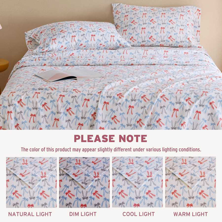 Happy Bows flannel sheets shown under different lighting conditions to highlight color variations in natural, dim, cool, and warm light.