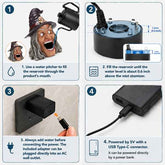 Instruction panel showing how to fill water reservoir and connect power supply for Halloween witch decor with LED light and mist effect