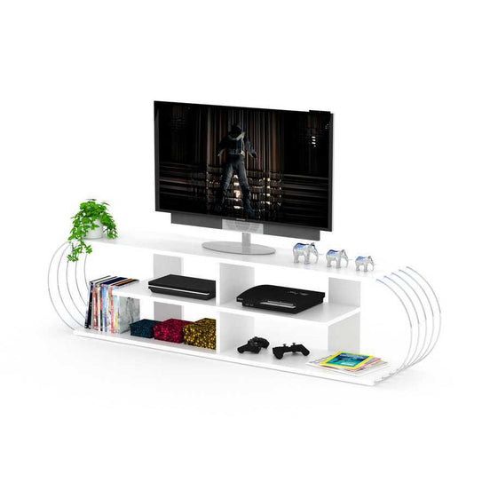 Modern white TV stand with open shelves and chrome accents
