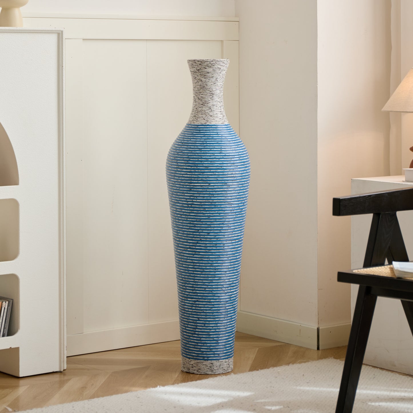 Full view of 39-inch floor vase decor with a tapered silhouette and blue-white striped PVC body, ideal for modern home settings.