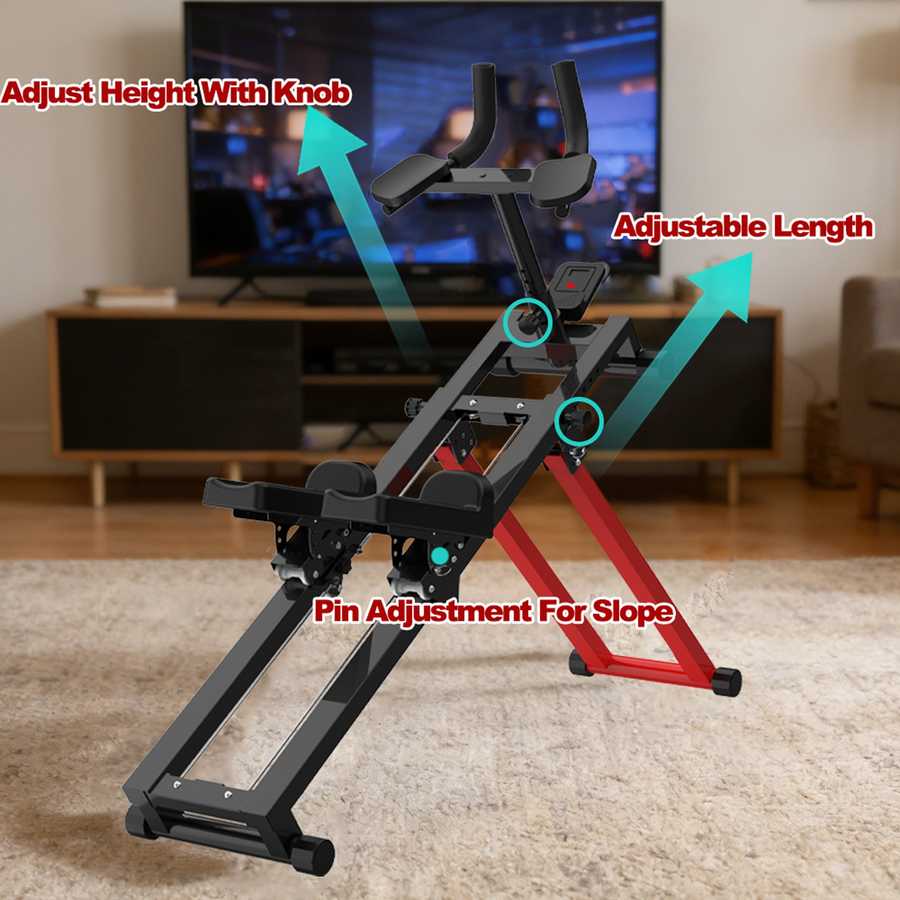 Adjustable stand with labeled features in a living room setting