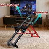 Adjustable stand with labeled features in a living room setting