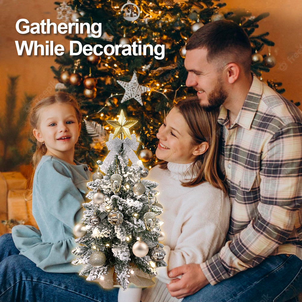 22in Mini Christmas Tree with Lights, Rose Gold Artificial Small Tabletop Christmas Tree with Flocked Snow, Exquisite Decor & Xmas Decorations for Table Top for Home & Office