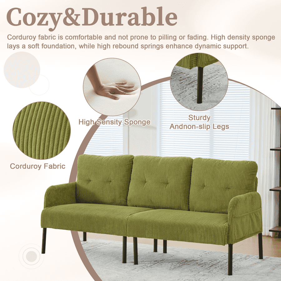 Green sofa with text highlighting features like corduroy fabric, high density sponge, and sturdy legs.