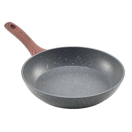 Single nonstick frying pan with speckled marble coating and wood-style handle from 3 piece aluminum skillet set.