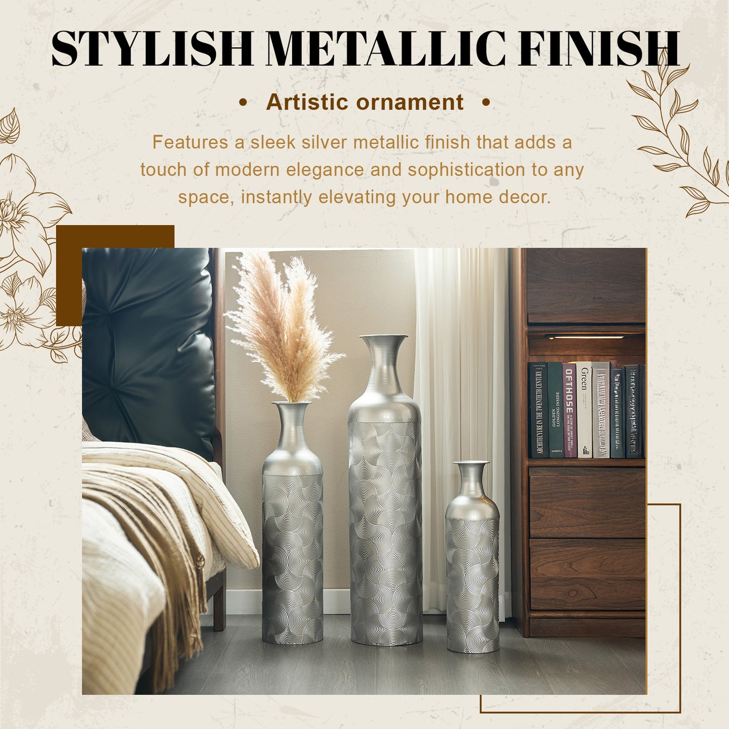 Modern floor vases set of 3 with sleek silver metallic finish, adding elegance and sophistication to bedroom or living room decor.