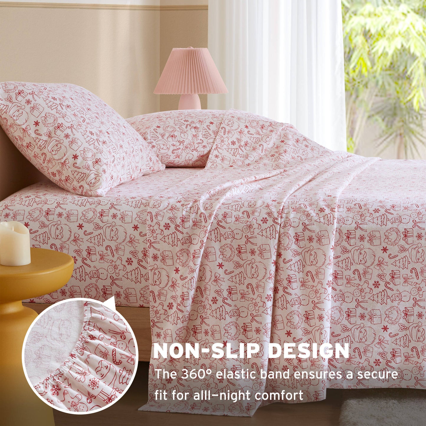 Holiday Doodles - Twin XL Cotton Flannel Sheet Set with non-slip 360° elastic band on fitted sheet for secure all-night comfort.