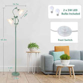 Floor lamp with dimensions, LED bulbs included, and foot switch feature in a living room setting.