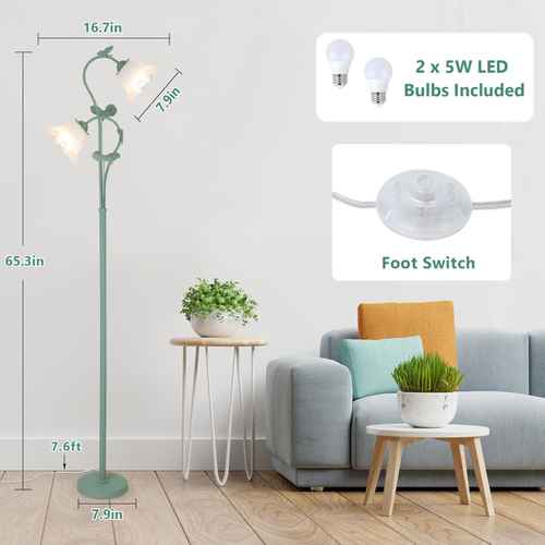 Floor lamp with dimensions, LED bulbs included, and foot switch feature in a living room setting.