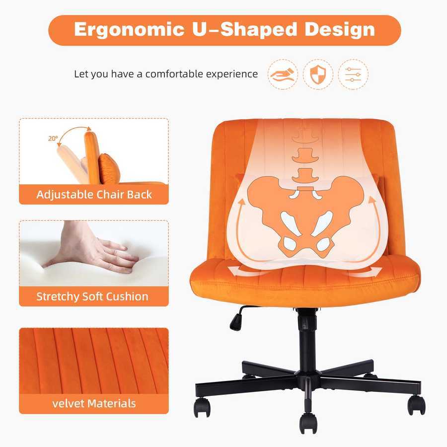 Ergonomic U-shaped Orange Velvet Office Chair with soft cushion and lumbar support for enhanced posture and comfort.