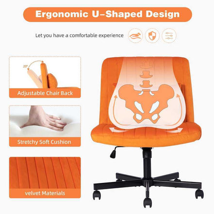 Ergonomic U-shaped Orange Velvet Office Chair with soft cushion and lumbar support for enhanced posture and comfort.