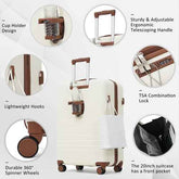 An off-white hardshell suitcase with brown trim and handles, shown on a light gray background with six circular callout images highlighting features such as a cup holder design, ergonomic telescoping handle, TSA combination lock, lightweight hooks, spinner wheels, and a front pocket.