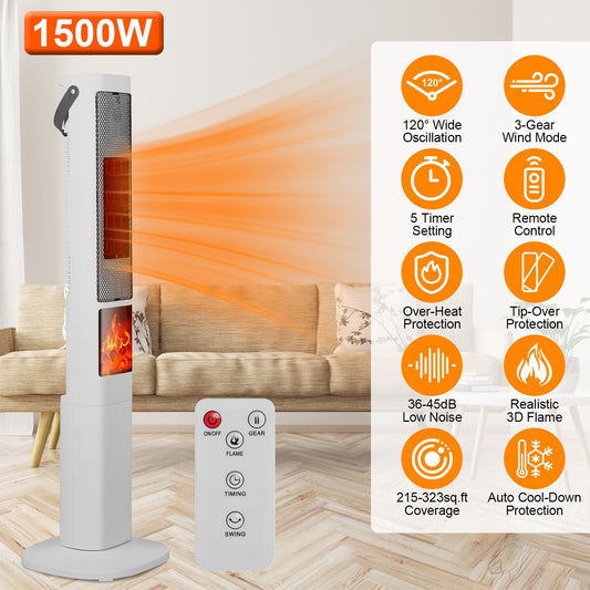 Fast Heating Oscillating Space Heater - 120° Wide Angle 30% Faster Warmth, 3D Flame, 5 Timer & Remote Control, Safe Quiet Heater for Bedroom Office