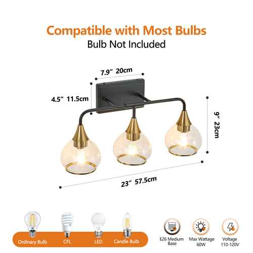 Three-light wall sconce with dimensions and compatibility information on a white background