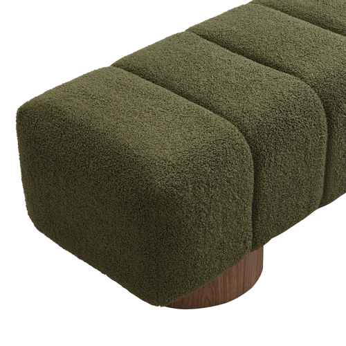 An olive green bouclé upholstered bench with a cylindrical wooden base, shown on a clean white background.