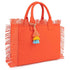 Orange tote bag with fringe details and colorful tassel on a white background