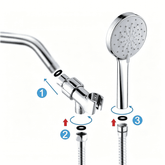Chrome shower head and hose with assembly diagram on a white background