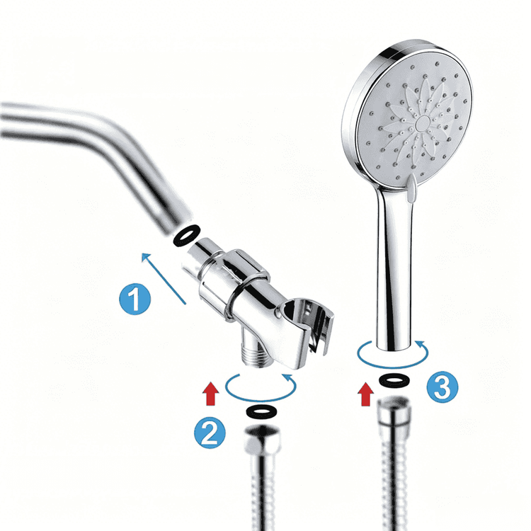 Chrome shower head and hose with assembly diagram on a white background