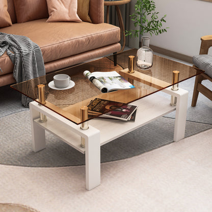 Modern Rectangular Coffee Table with Tempered Brown Glass Top and MDF Layer – Table for Living Room