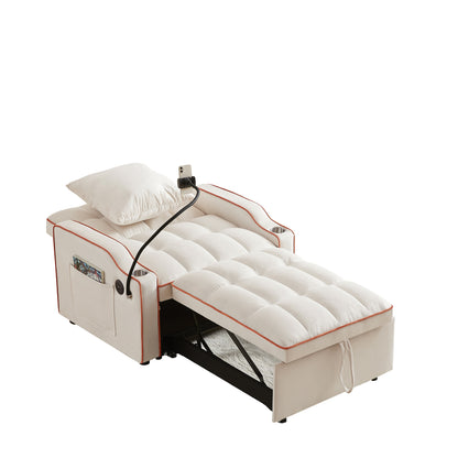 Beige velvet convertible sofa bed with USB port in bed position. Features phone holder, side pocket, and plush tufted mattress.