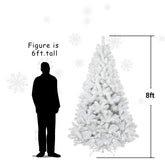 White artificial Christmas tree shown next to a black human silhouette for scale, with text reading &