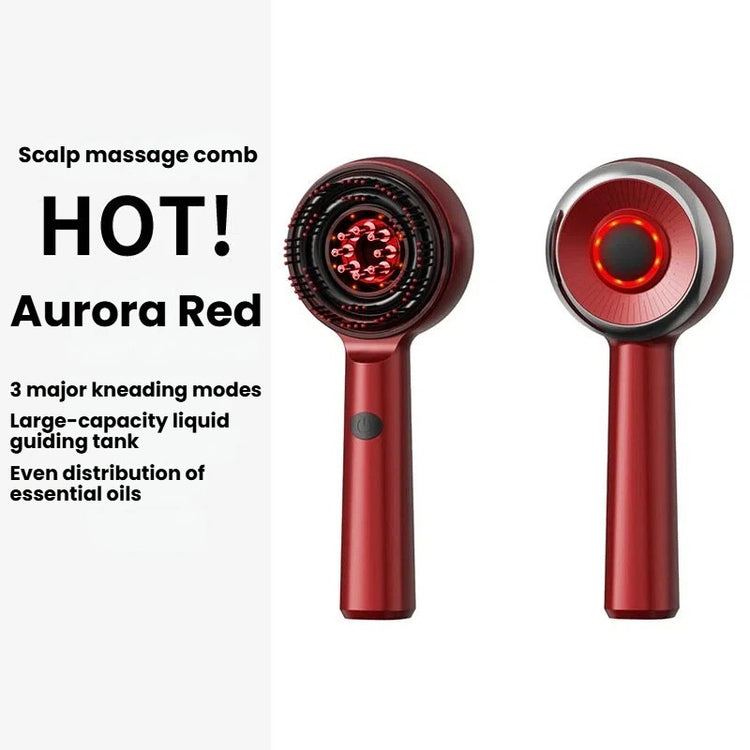 A red handheld scalp massage comb shown from two angles on a white background, with promotional text on the left reading &